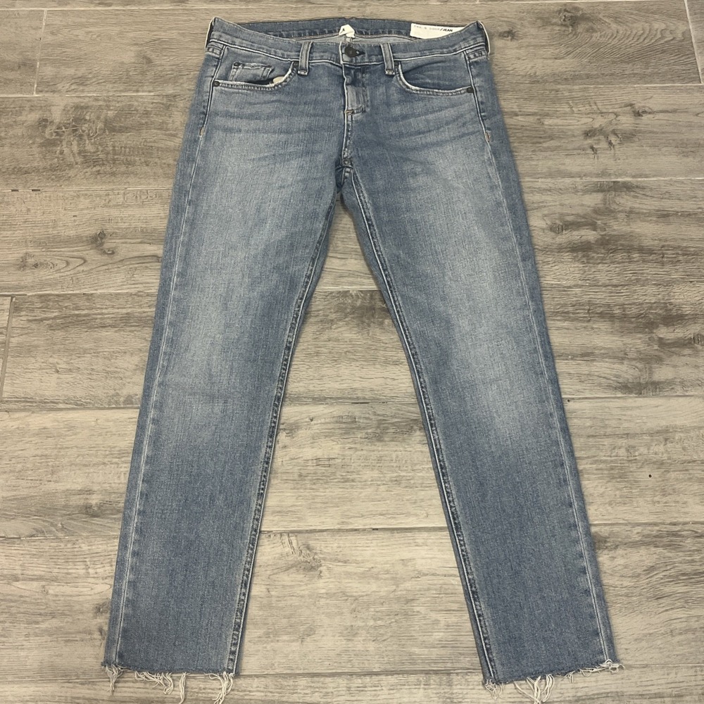 Rag & Bone Dre Slim Straight Jeans Women Raw Hem Light Wash Stretch Denim Sz 26